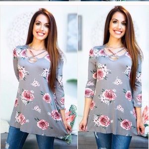 Gray Floral Criss Cross Tunic